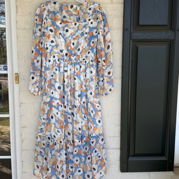 Joie Blue/Coral Floral Tiered Flowy Boho Prairie Dress W High-Low Hem Size XS - Picture 10 of 15